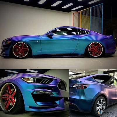 Revestimento de vinil automotivo com liberação de ar elástico em metal brilhante Cameleão Roxo Azul